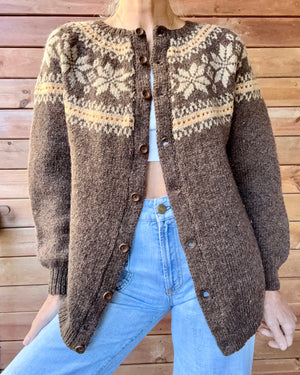 Vintage Handknit Nordic Heathered Brown Wool fair Isle with Snowflakes Cardigan Sweater M