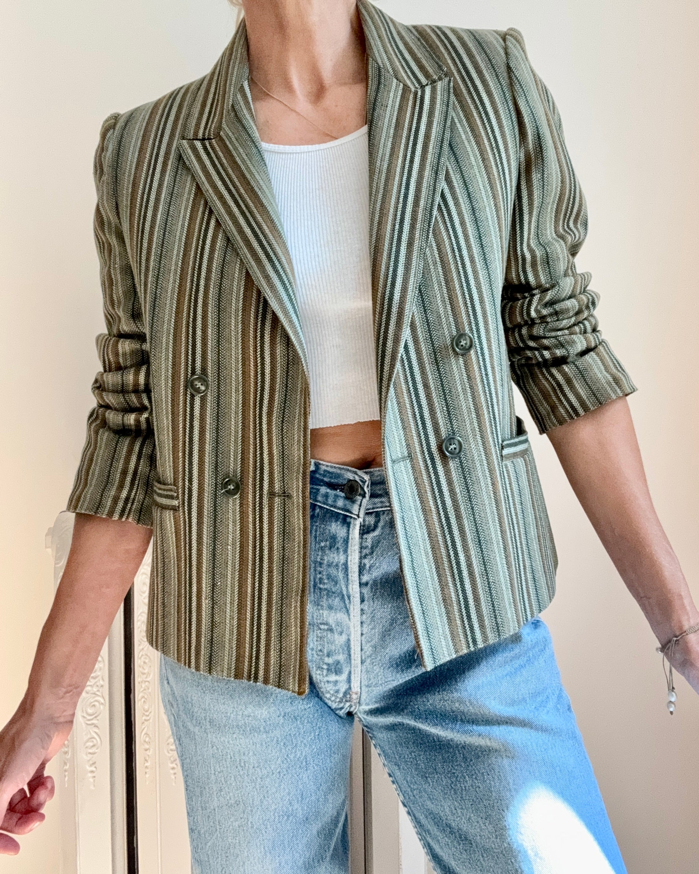 Vintage 1970s STEPHEN BURROWS Green Stripe Herringbone Double Breasted Blazer M