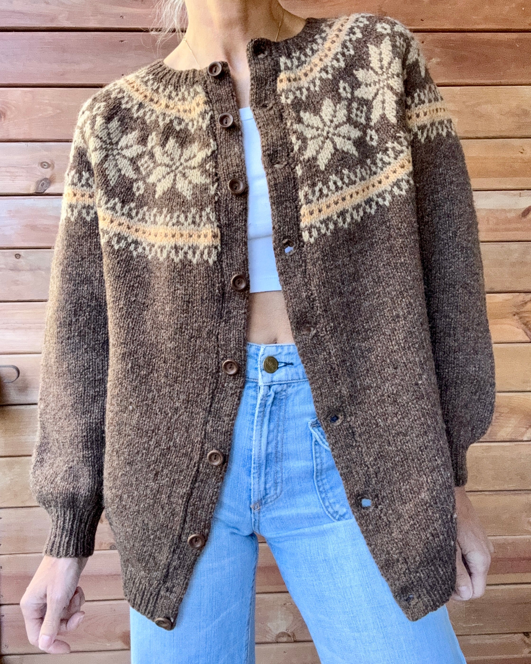 Vintage Handknit Nordic Heathered Brown Wool fair Isle with Snowflakes Cardigan Sweater M