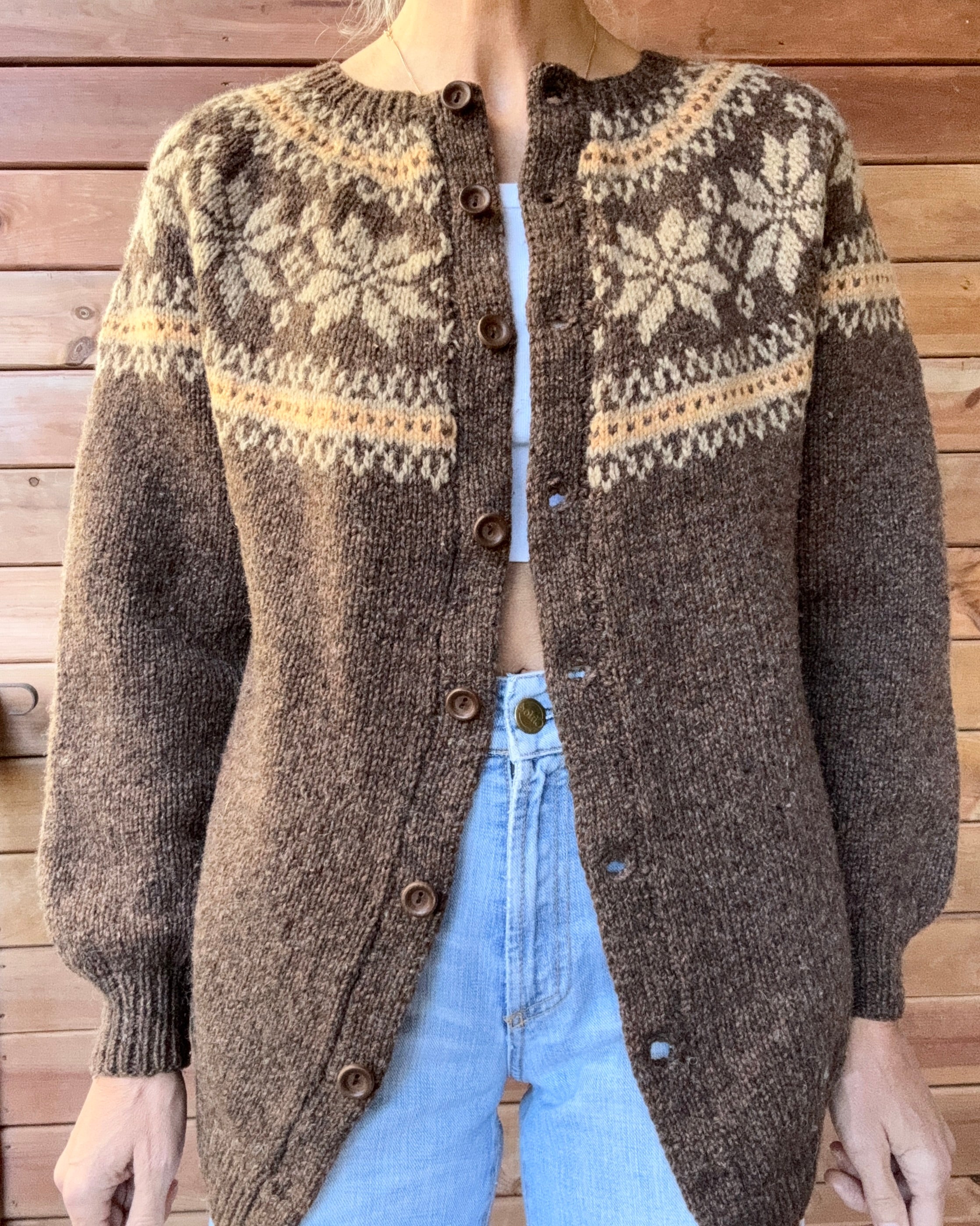 Vintage Handknit Nordic Heathered Brown Wool fair Isle with Snowflakes Cardigan Sweater M