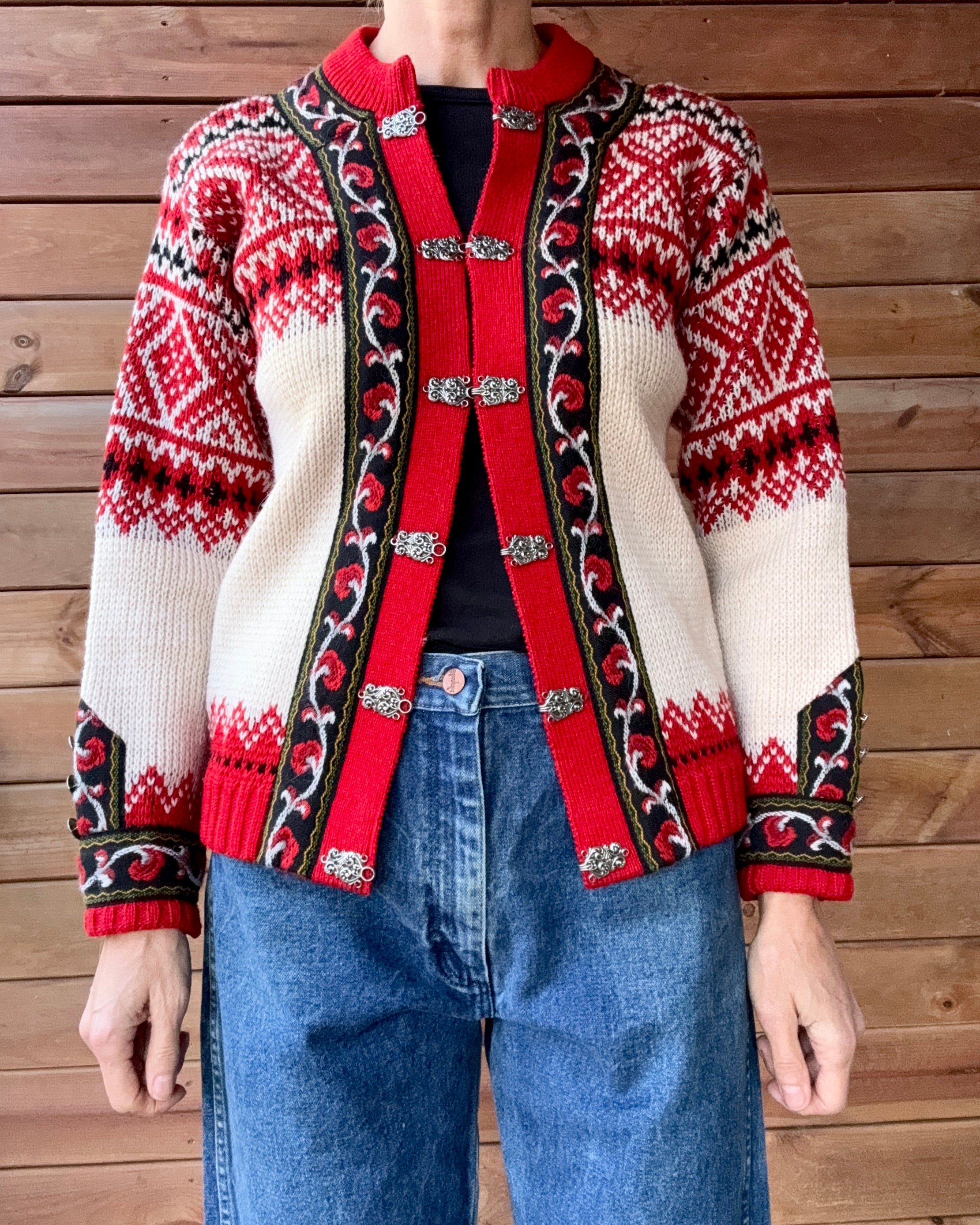 Vintage Authentic Norwegian Cream and Red Jacquard Setesdal Fair Isle Cardigan S M