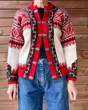 Vintage Authentic Norwegian Cream and Red Jacquard Setesdal Fair Isle Cardigan S M