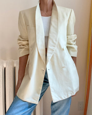 Vintage 1950s Tuxedo Cream Wool Double Breasted Shawl Collar Blazer M L