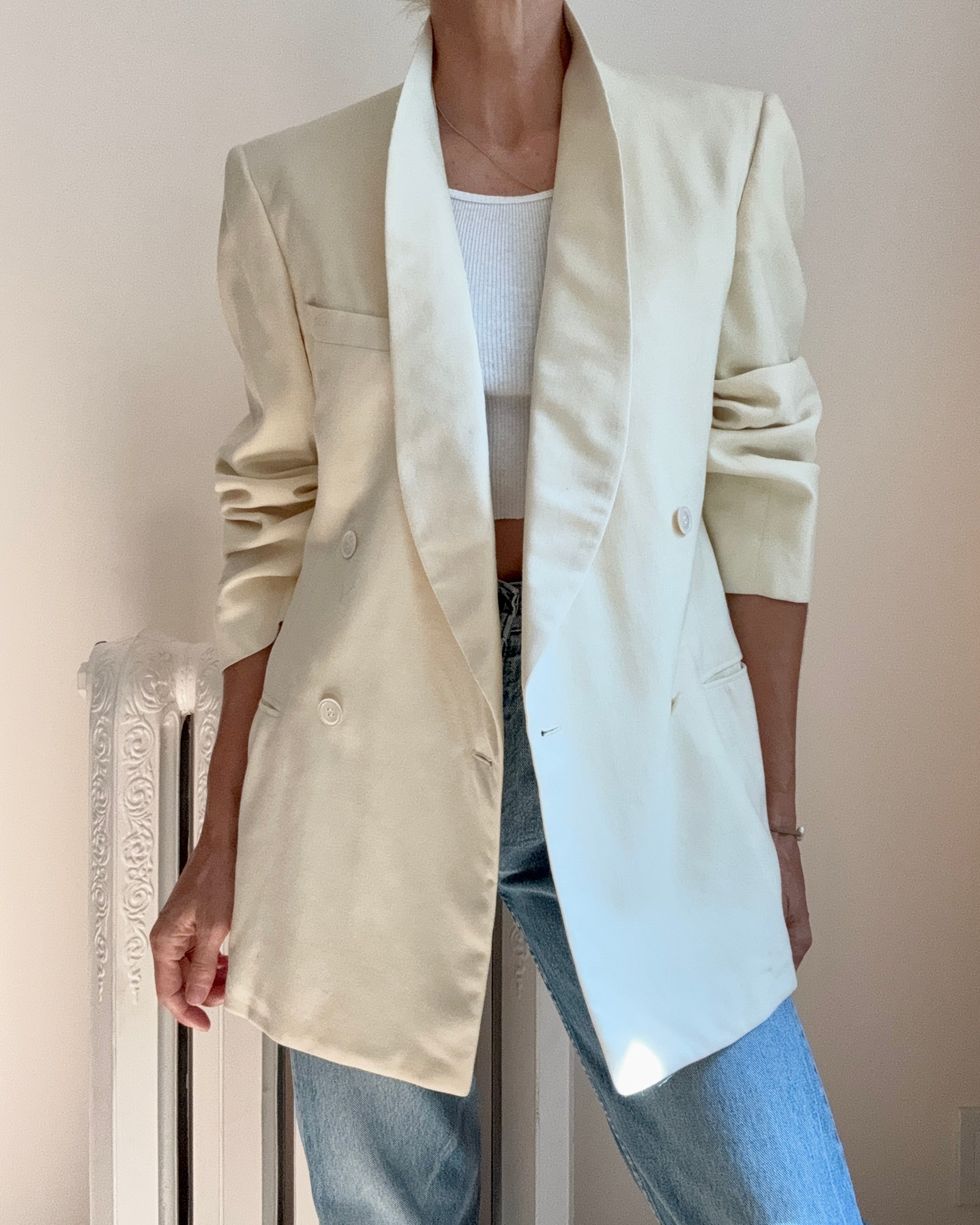 Vintage 1950s Tuxedo Cream Wool Double Breasted Shawl Collar Blazer M L