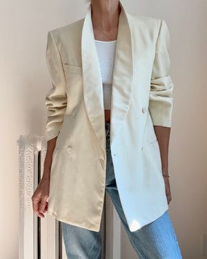 Vintage 1950s Tuxedo Cream Wool Double Breasted Shawl Collar Blazer M L