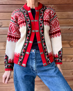 Vintage Authentic Norwegian Cream and Red Jacquard Setesdal Fair Isle Cardigan S M