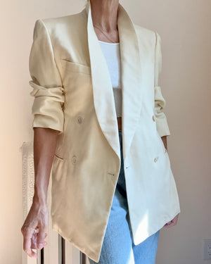 Vintage 1950s Tuxedo Cream Wool Double Breasted Shawl Collar Blazer M L