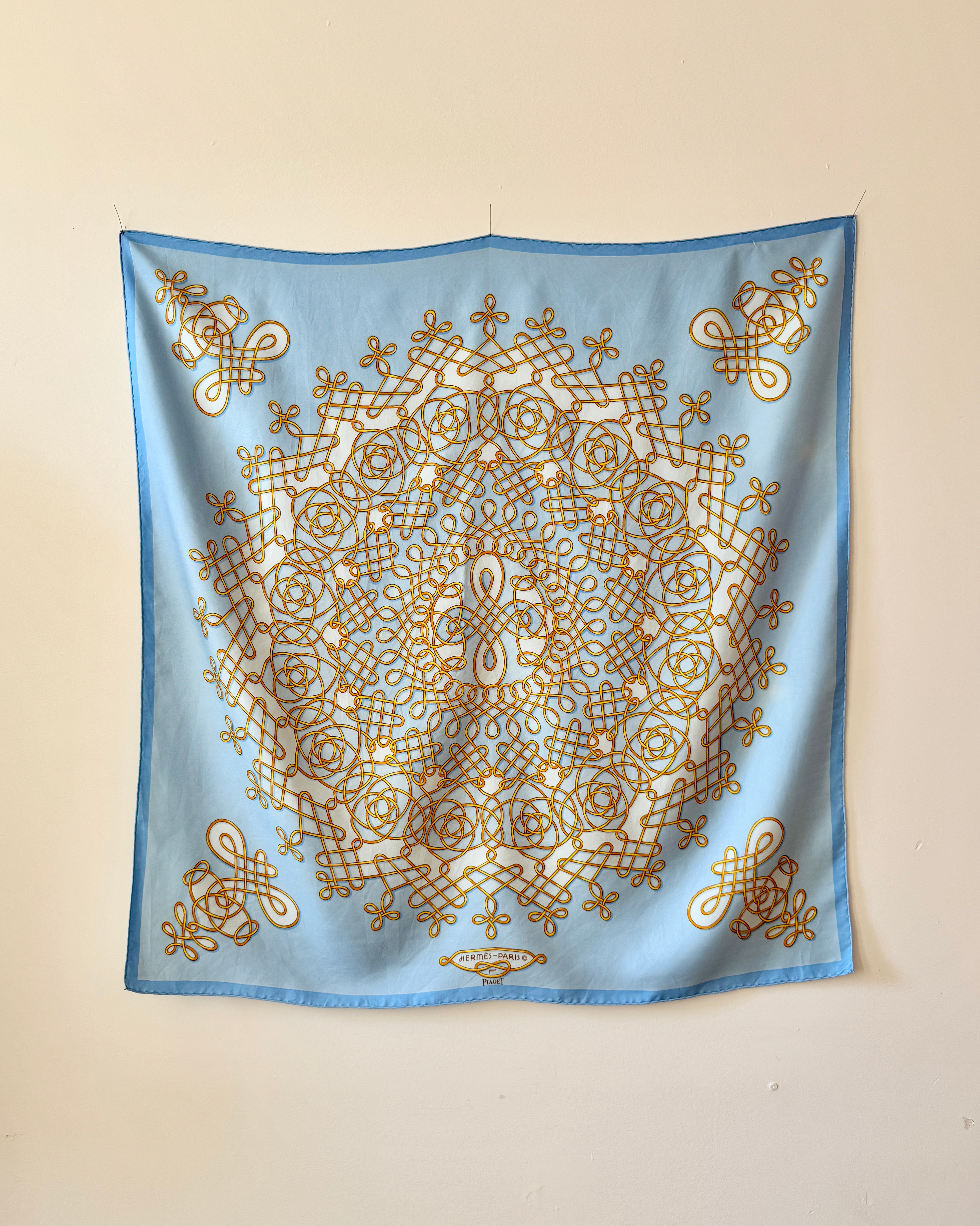 Vintage HERMES 1974 Special Limited Issue 100th Anniversary for Piaget Model VINCI 90 Silk Twill Carre Scarf Shawl 34X34 Blue and Gold