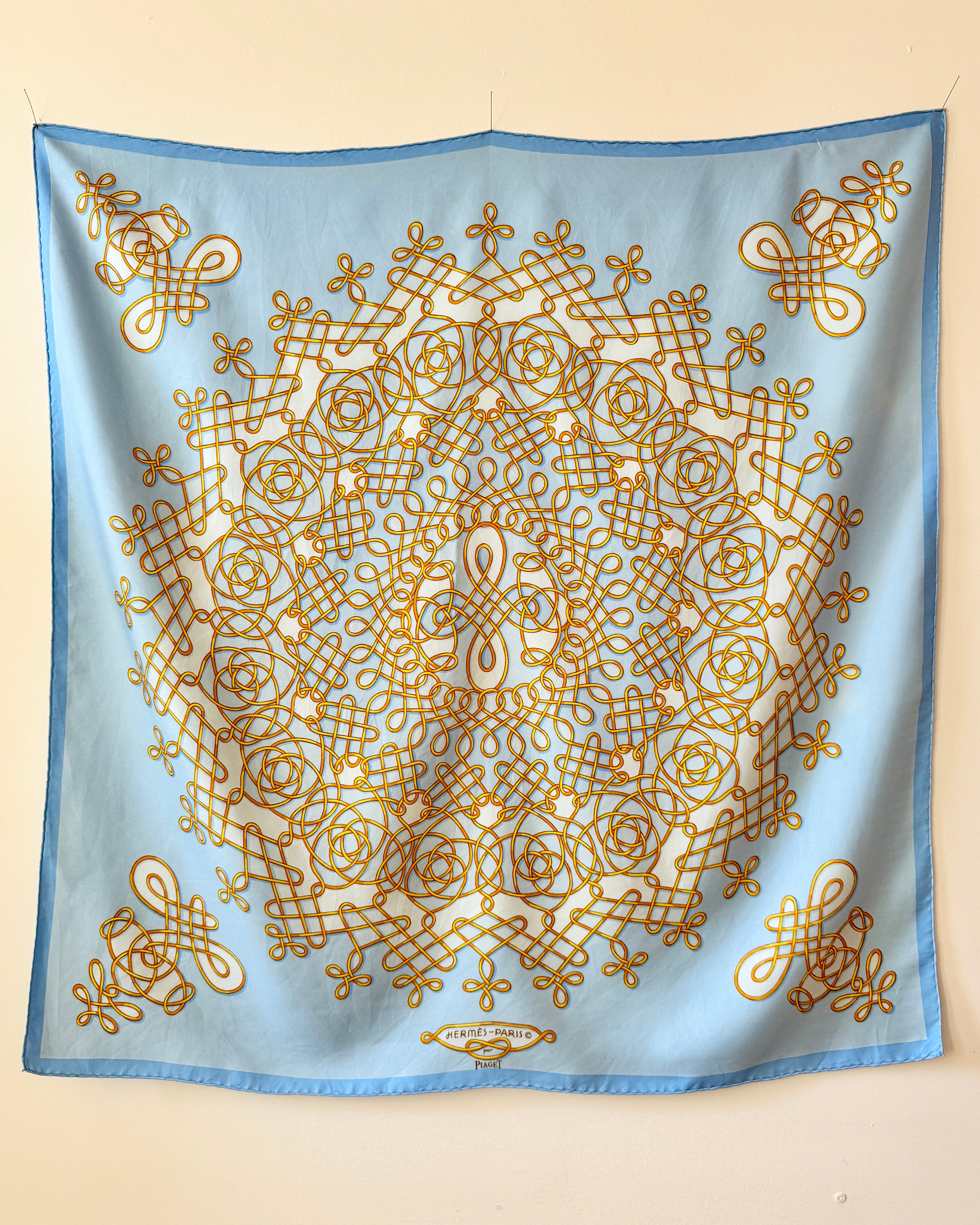 Vintage HERMES 1974 Special Limited Issue 100th Anniversary for Piaget Model VINCI 90 Silk Twill Carre Scarf Shawl 34X34 Blue and Gold