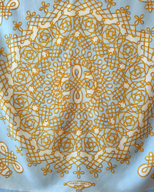 Vintage HERMES 1974 Special Limited Issue 100th Anniversary for Piaget Model VINCI 90 Silk Twill Carre Scarf Shawl 34X34 Blue and Gold