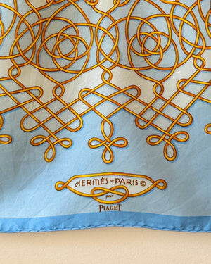 Vintage HERMES 1974 Special Limited Issue 100th Anniversary for Piaget Model VINCI 90 Silk Twill Carre Scarf Shawl 34X34 Blue and Gold