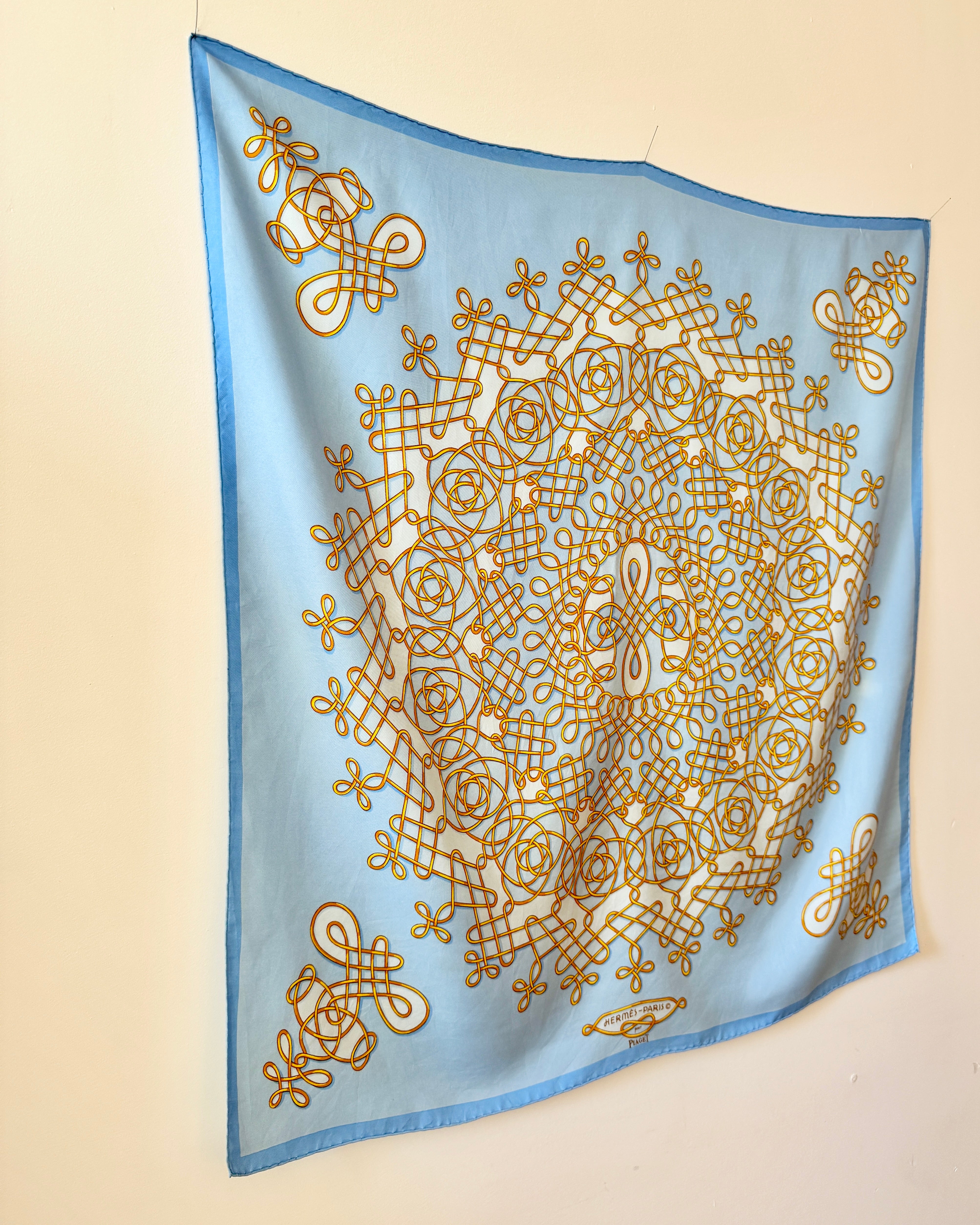 Vintage HERMES 1974 Special Limited Issue 100th Anniversary for Piaget Model VINCI 90 Silk Twill Carre Scarf Shawl 34X34 Blue and Gold