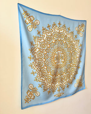 Vintage HERMES 1974 Special Limited Issue 100th Anniversary for Piaget Model VINCI 90 Silk Twill Carre Scarf Shawl 34X34 Blue and Gold