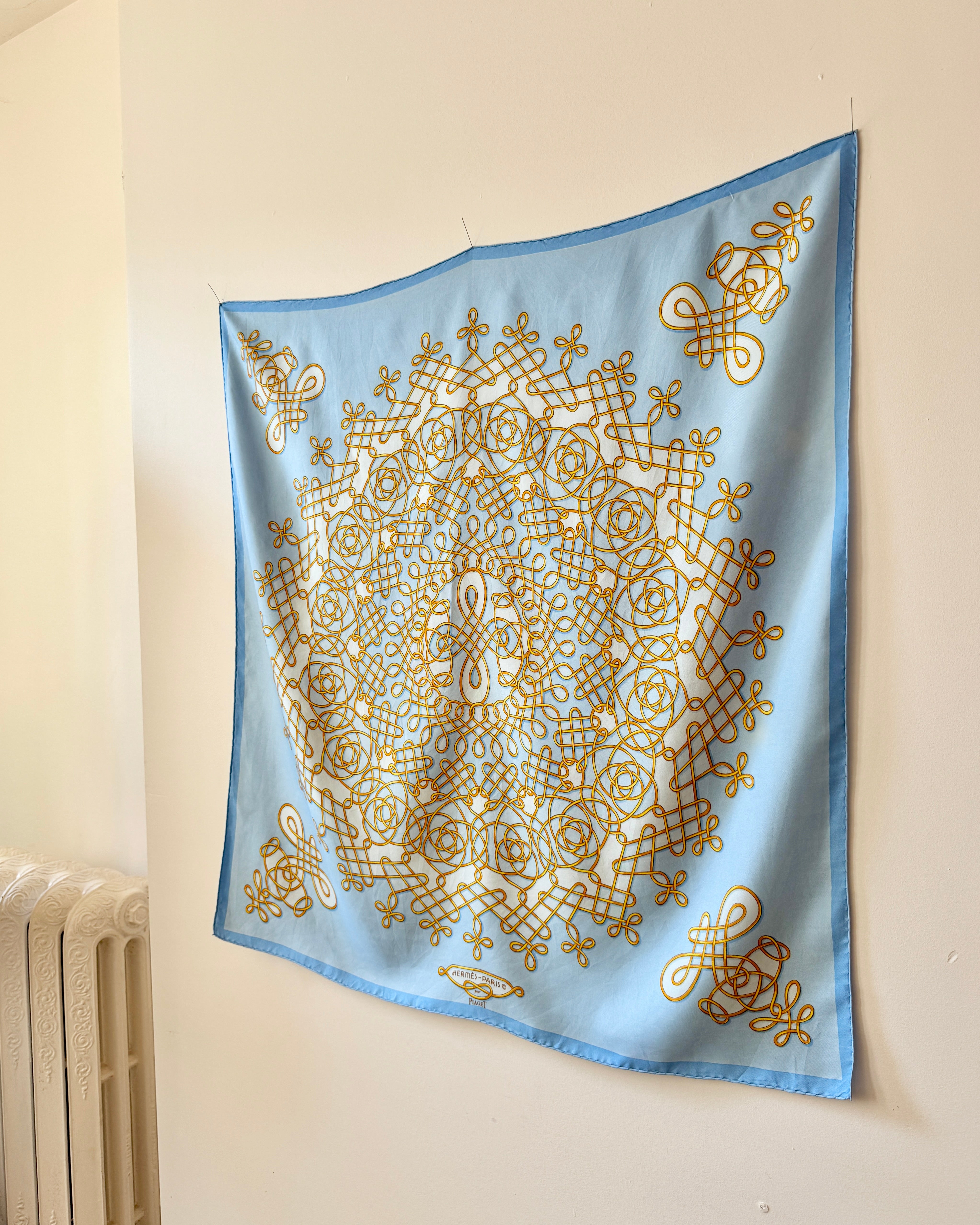 Vintage HERMES 1974 Special Limited Issue 100th Anniversary for Piaget Model VINCI 90 Silk Twill Carre Scarf Shawl 34X34 Blue and Gold