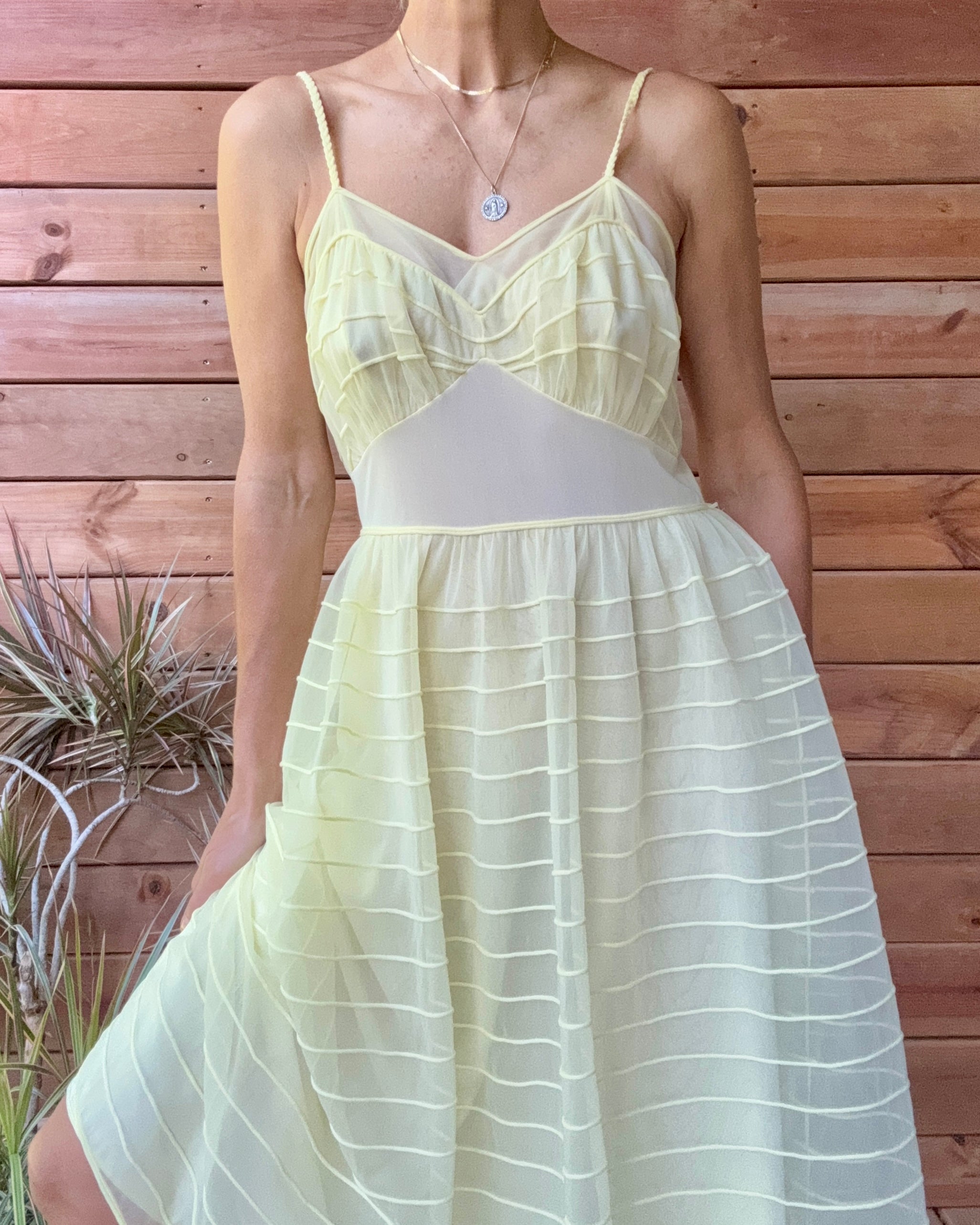 Vinatge 1950s Saks Fifth Avenue Yellow Stripe Chiffon Nightgown Slip Dress
