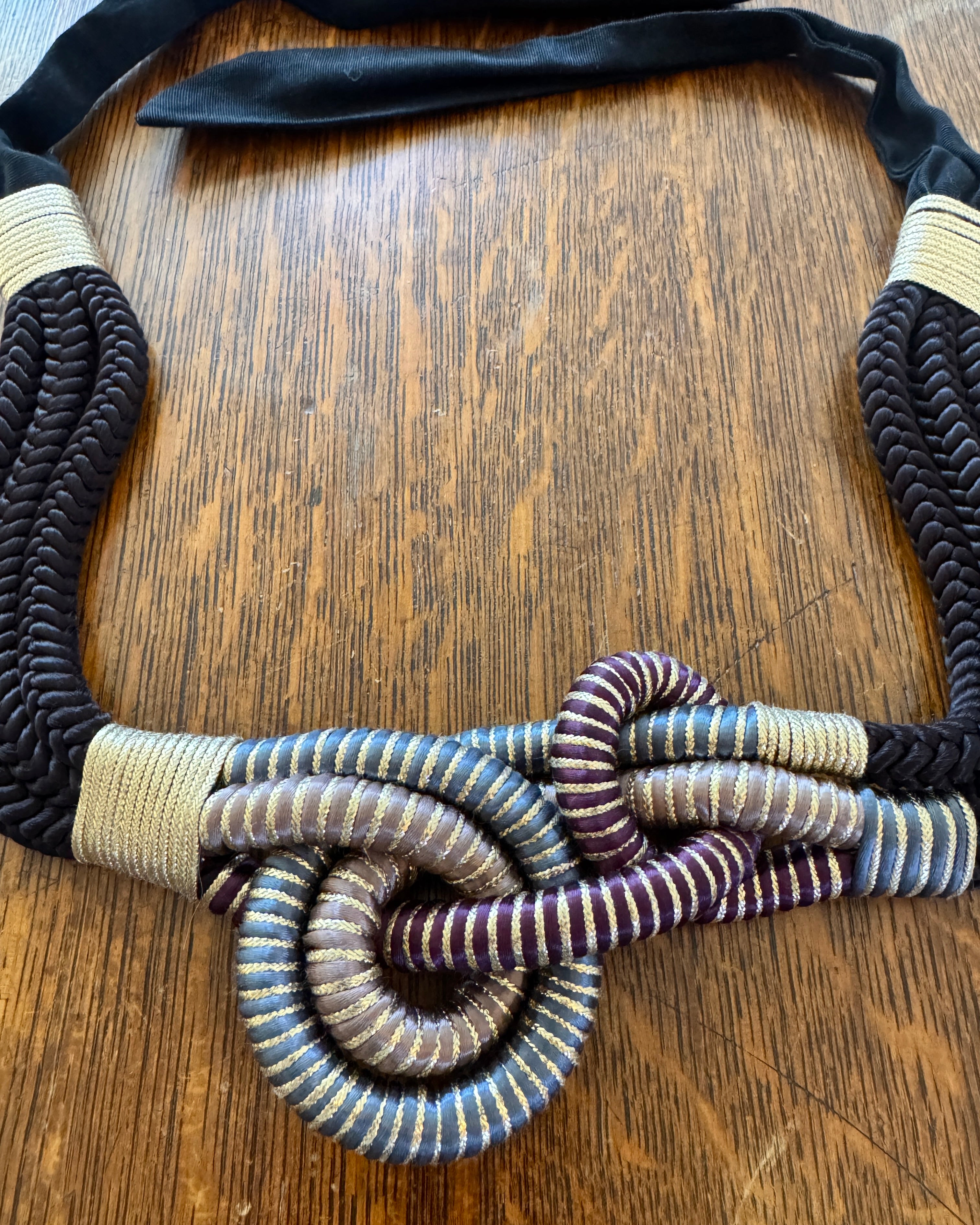 Vintage 1970s Gold and Black Woven Knotted Rope Waist Belt