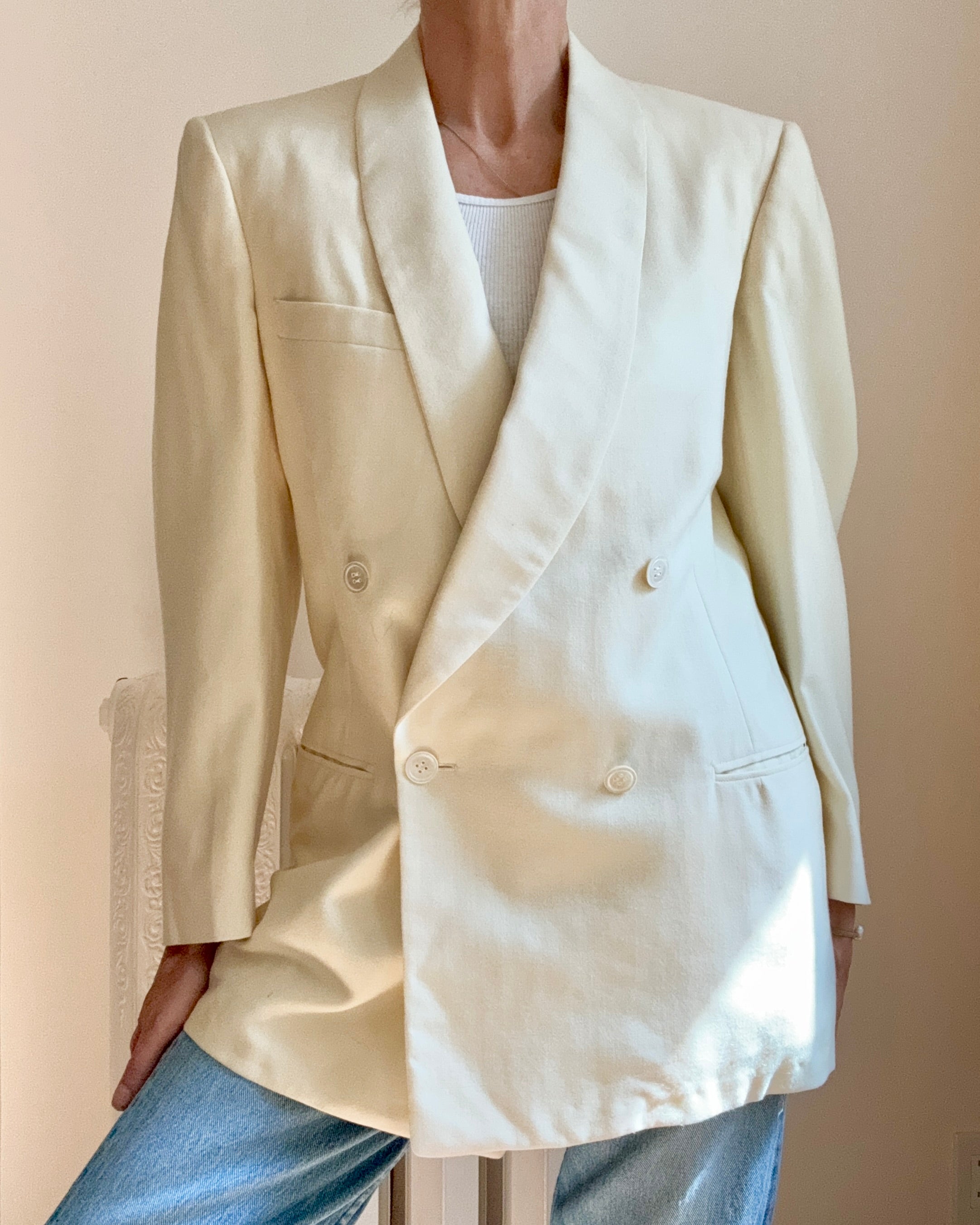 Vintage 1950s Tuxedo Cream Wool Double Breasted Shawl Collar Blazer M L