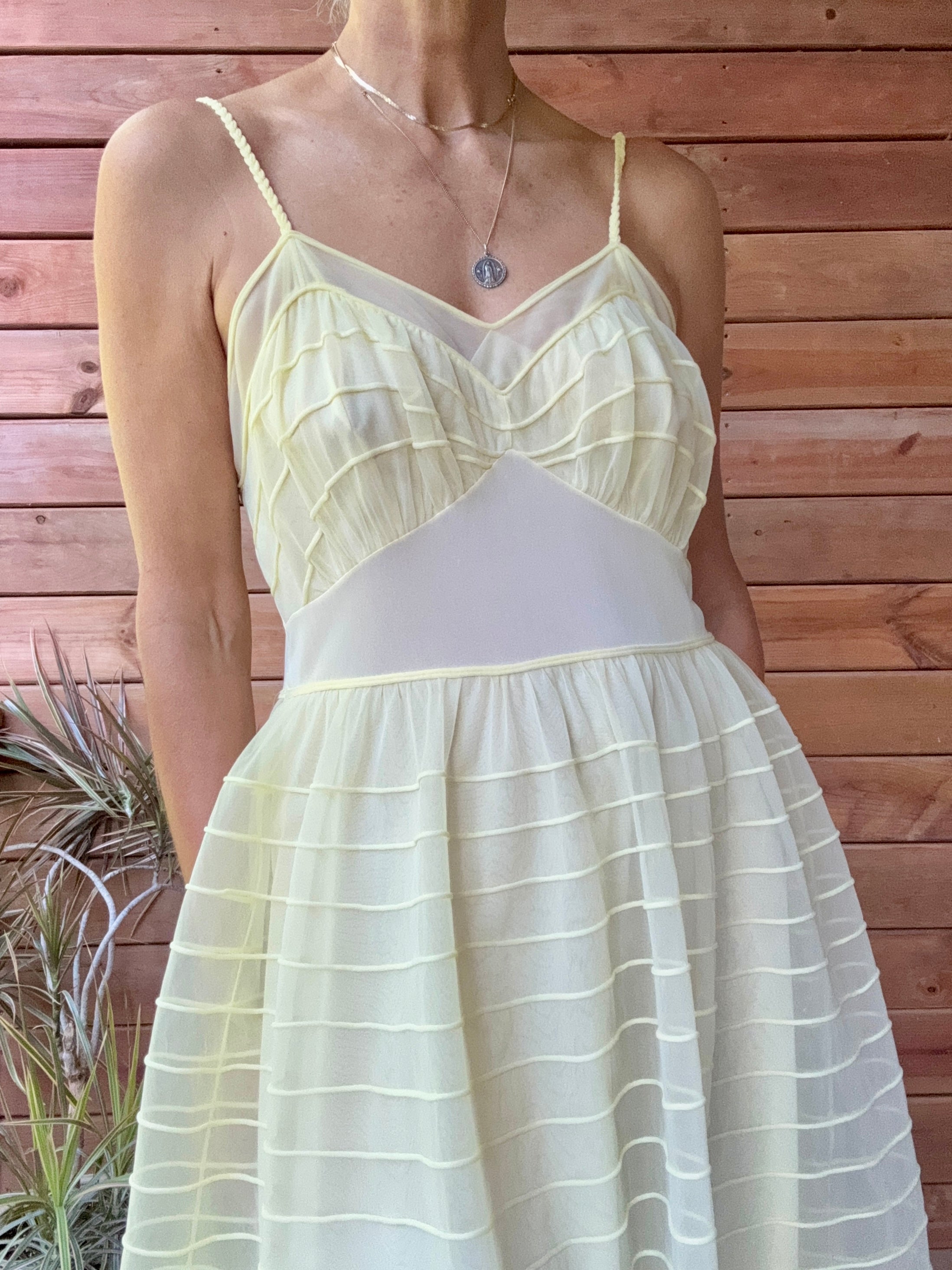 Vinatge 1950s Saks Fifth Avenue Yellow Stripe Chiffon Nightgown Slip Dress