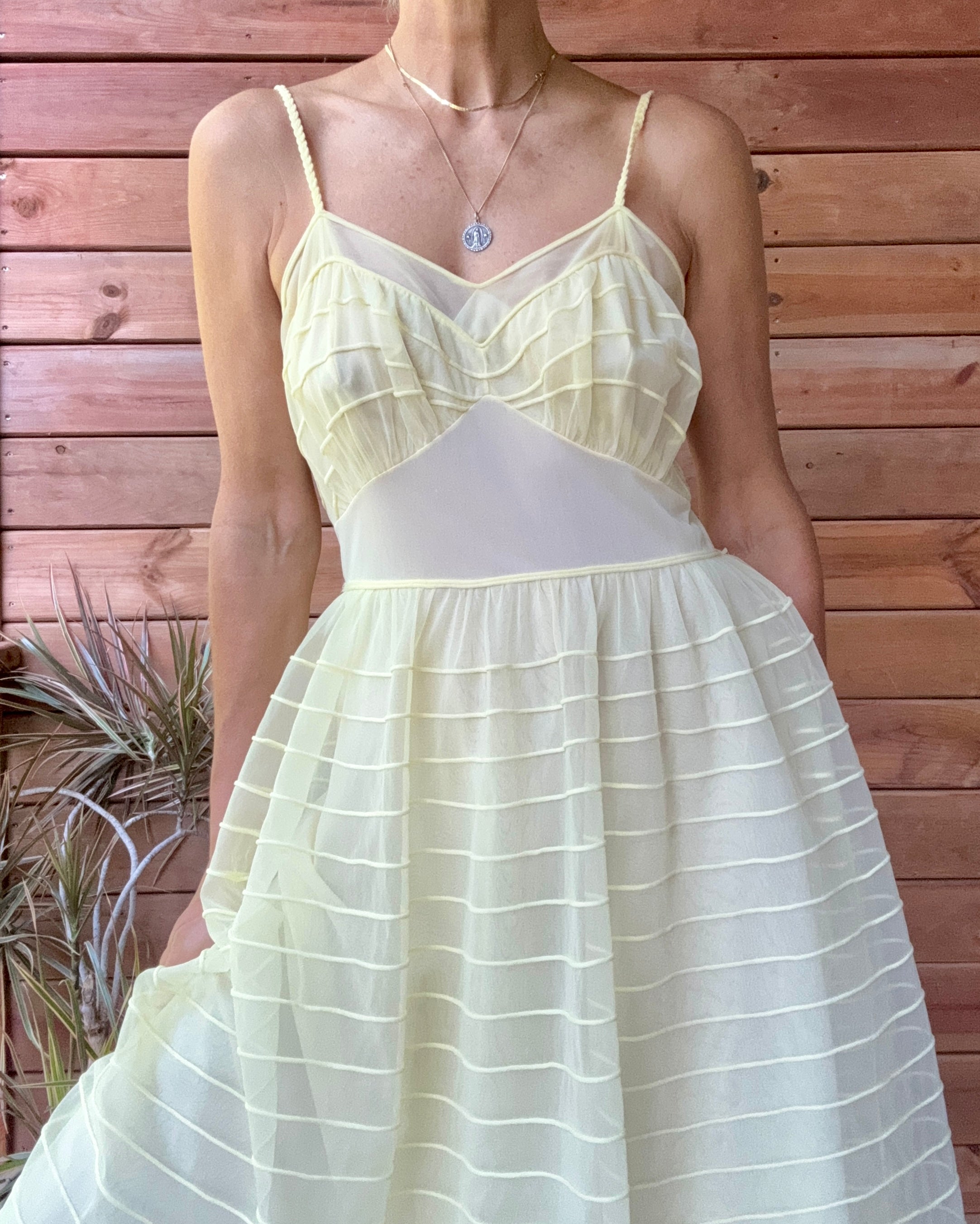 Vinatge 1950s Saks Fifth Avenue Yellow Stripe Chiffon Nightgown Slip Dress