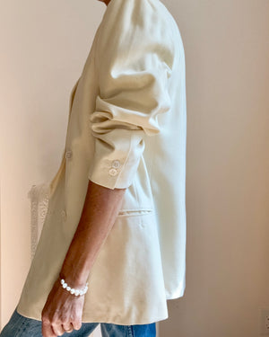 Vintage 1950s Tuxedo Cream Wool Double Breasted Shawl Collar Blazer M L