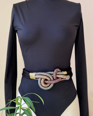 Vintage 1970s Gold and Black Woven Knotted Rope Waist Belt