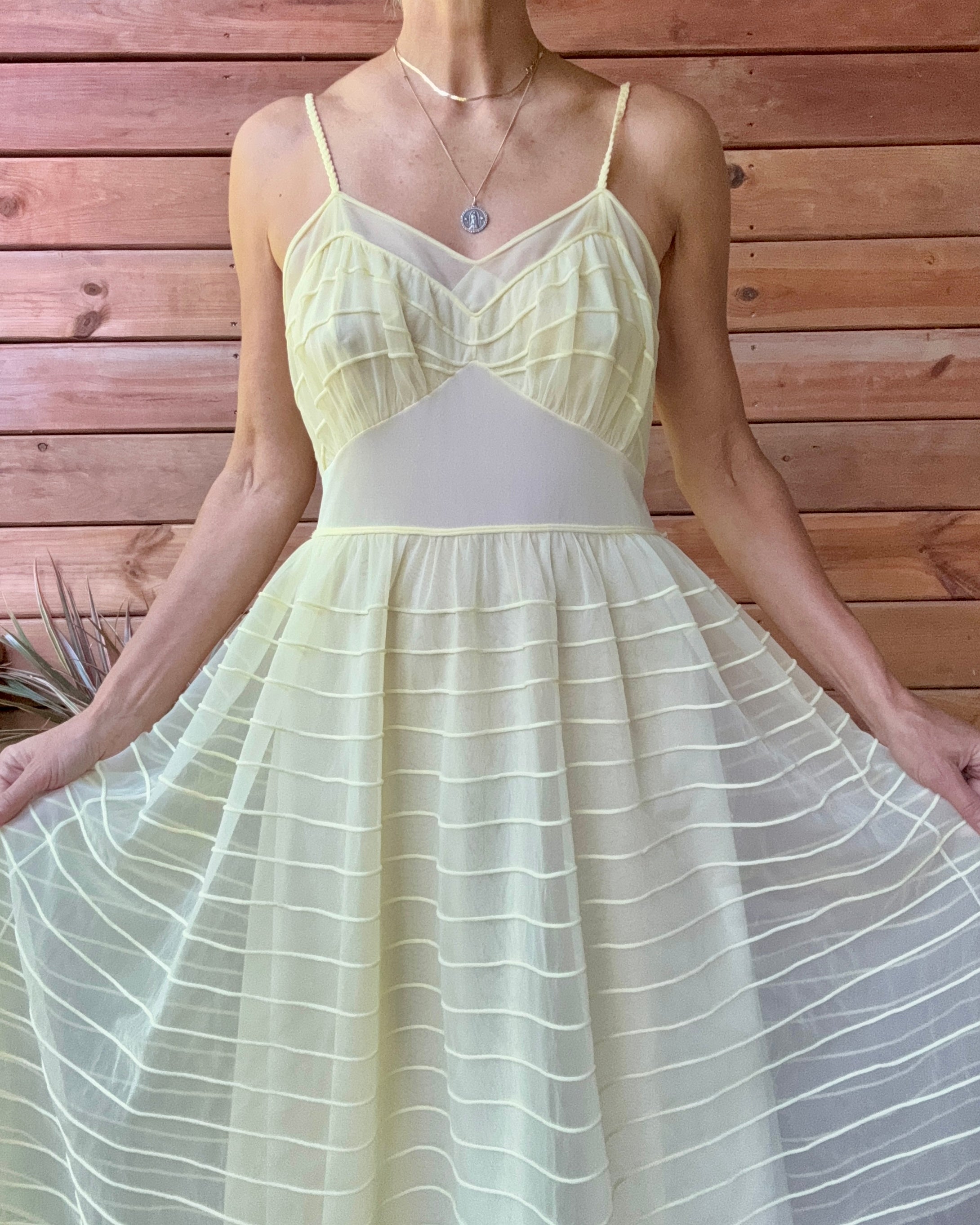 Vinatge 1950s Saks Fifth Avenue Yellow Stripe Chiffon Nightgown Slip Dress