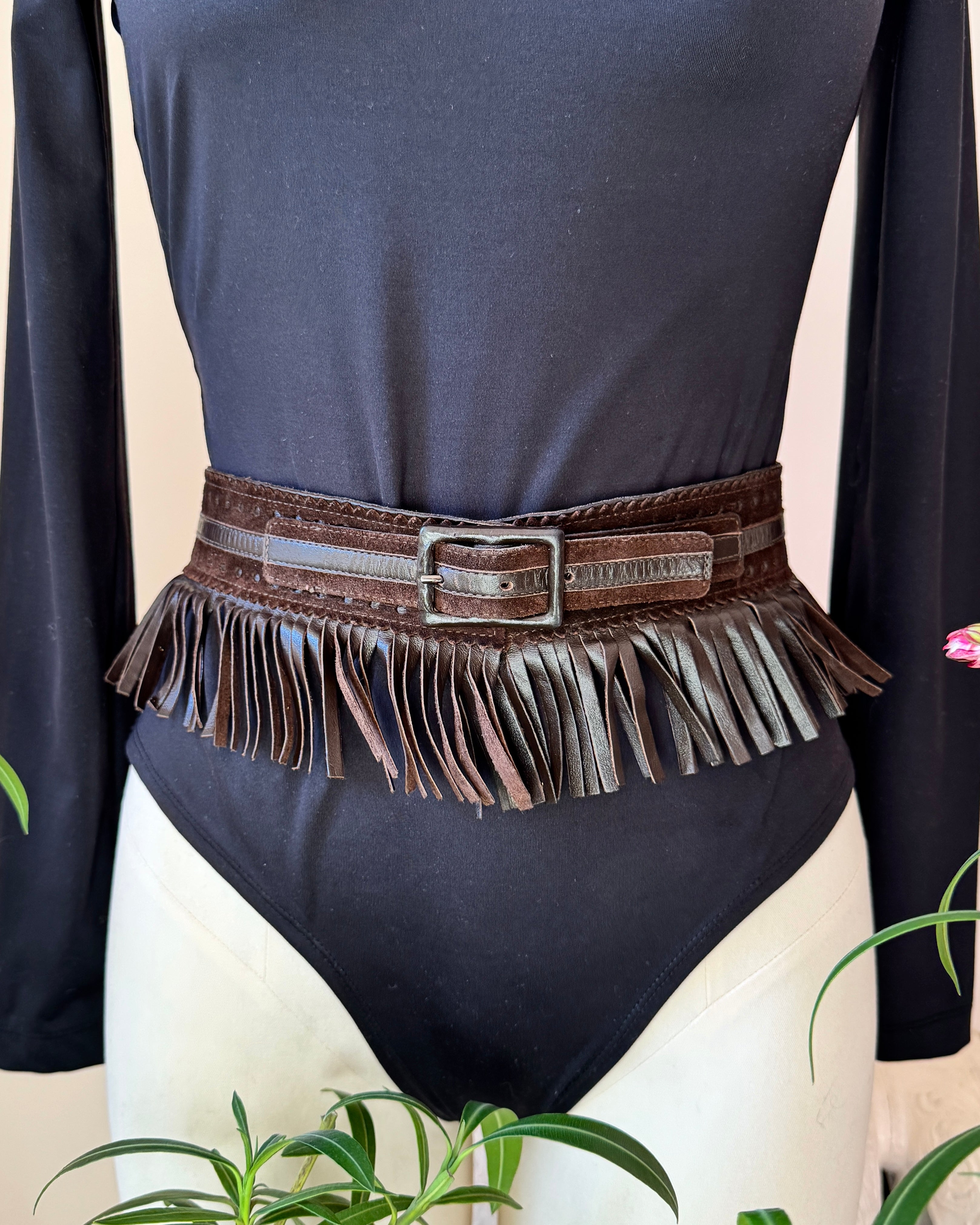 Vintage 1970s YSL Yves Saint Laurent Iconic Brown Leather and Suede Fringe Belt Made in France as The Metropolitan Costume Museum