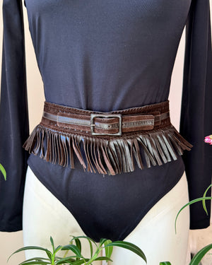 Vintage 1970s YSL Yves Saint Laurent Iconic Brown Leather and Suede Fringe Belt Made in France as The Metropolitan Costume Museum