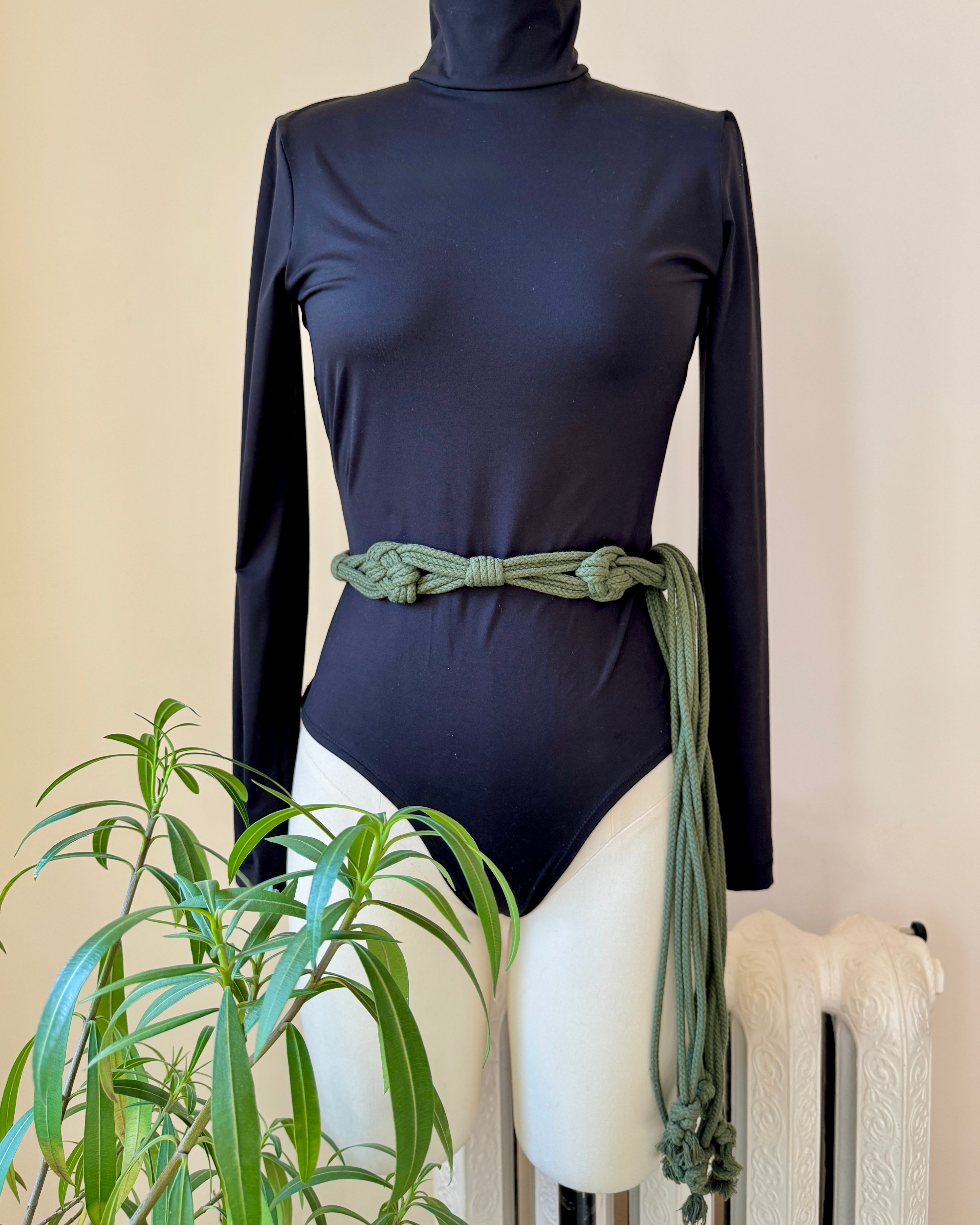 Vintage 1970s YSL Yves Saint Laurent Green Cotton Rope Knotted Macrame Crochet Fringe Belt