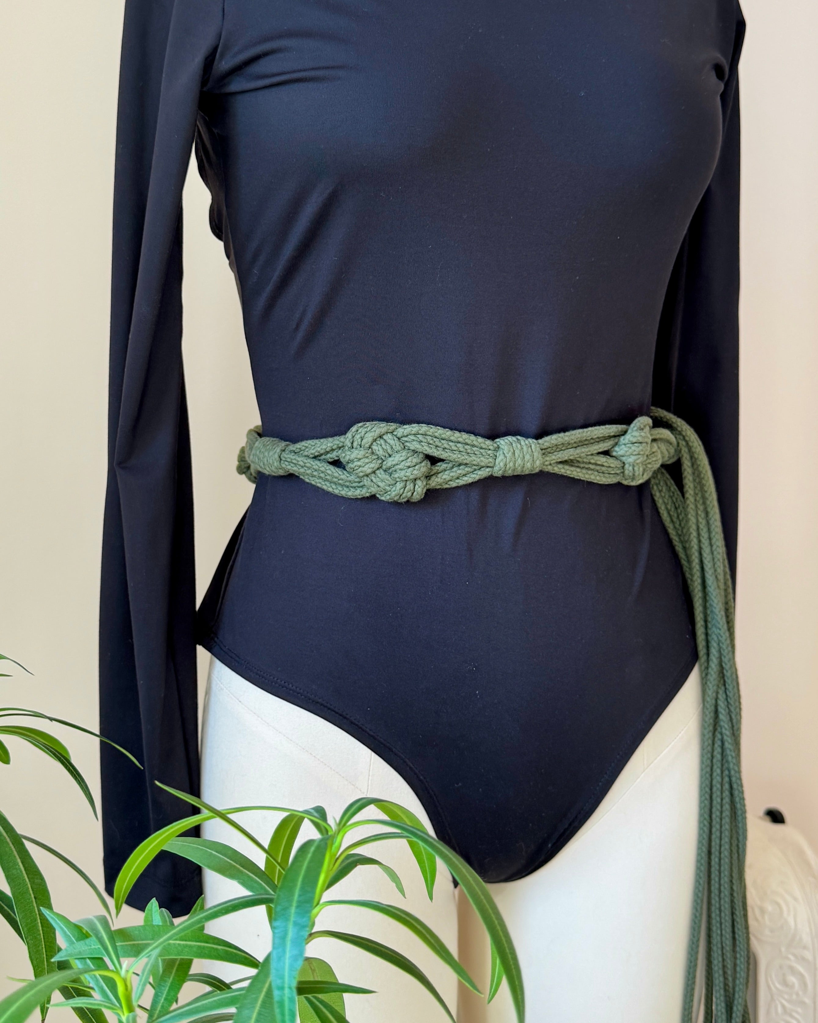 Vintage 1970s YSL Yves Saint Laurent Green Cotton Rope Knotted Macrame Crochet Fringe Belt