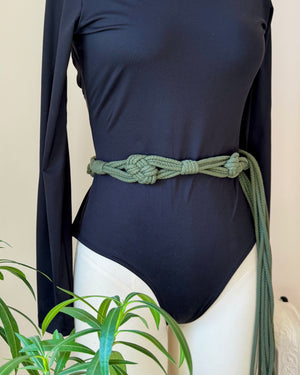 Vintage 1970s YSL Yves Saint Laurent Green Cotton Rope Knotted Macrame Crochet Fringe Belt