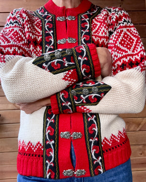 Vintage Authentic Norwegian Cream and Red Jacquard Setesdal Fair Isle Cardigan S M