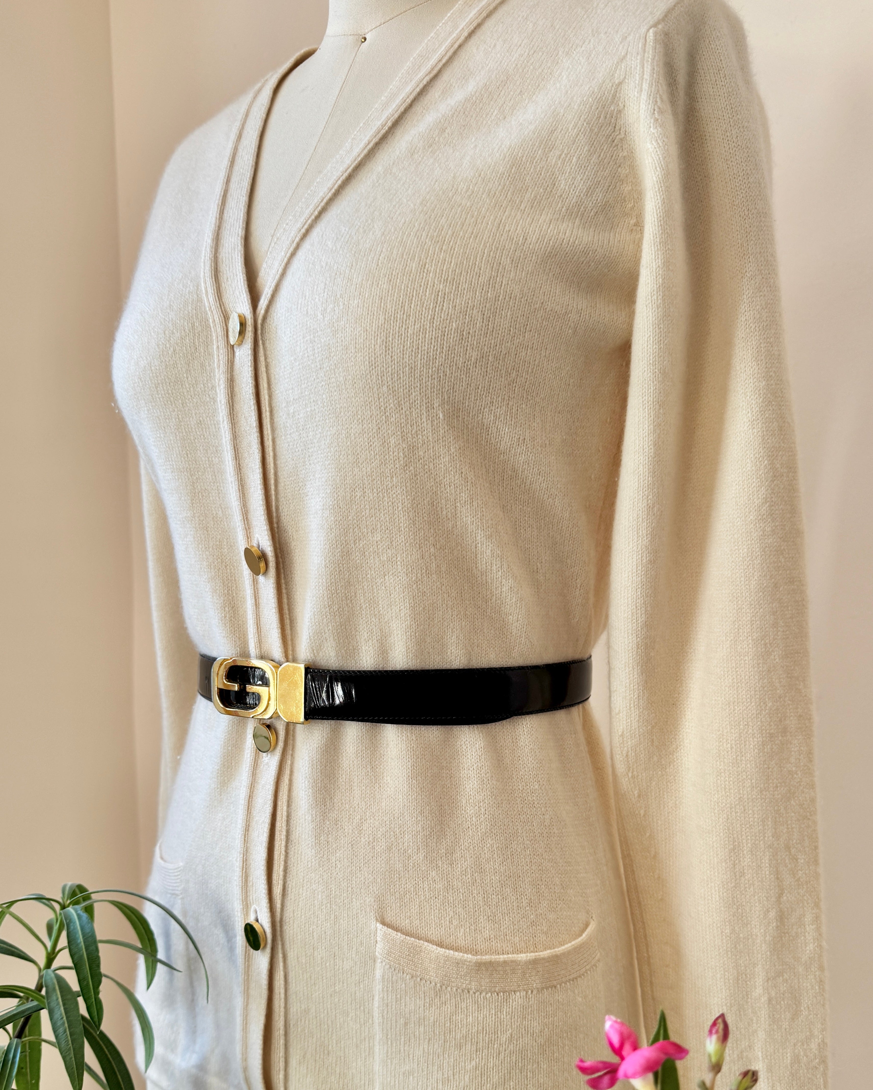 Vintage 1970s GUCCI Reversible Black Patent or Leather Belt With Loco Gold Tone Buckle Made in Italy