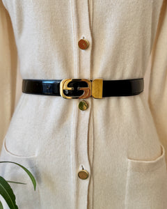 Vintage 1970s GUCCI Reversible Black Patent or Leather Belt With Loco Gold Tone Buckle Made in Italy