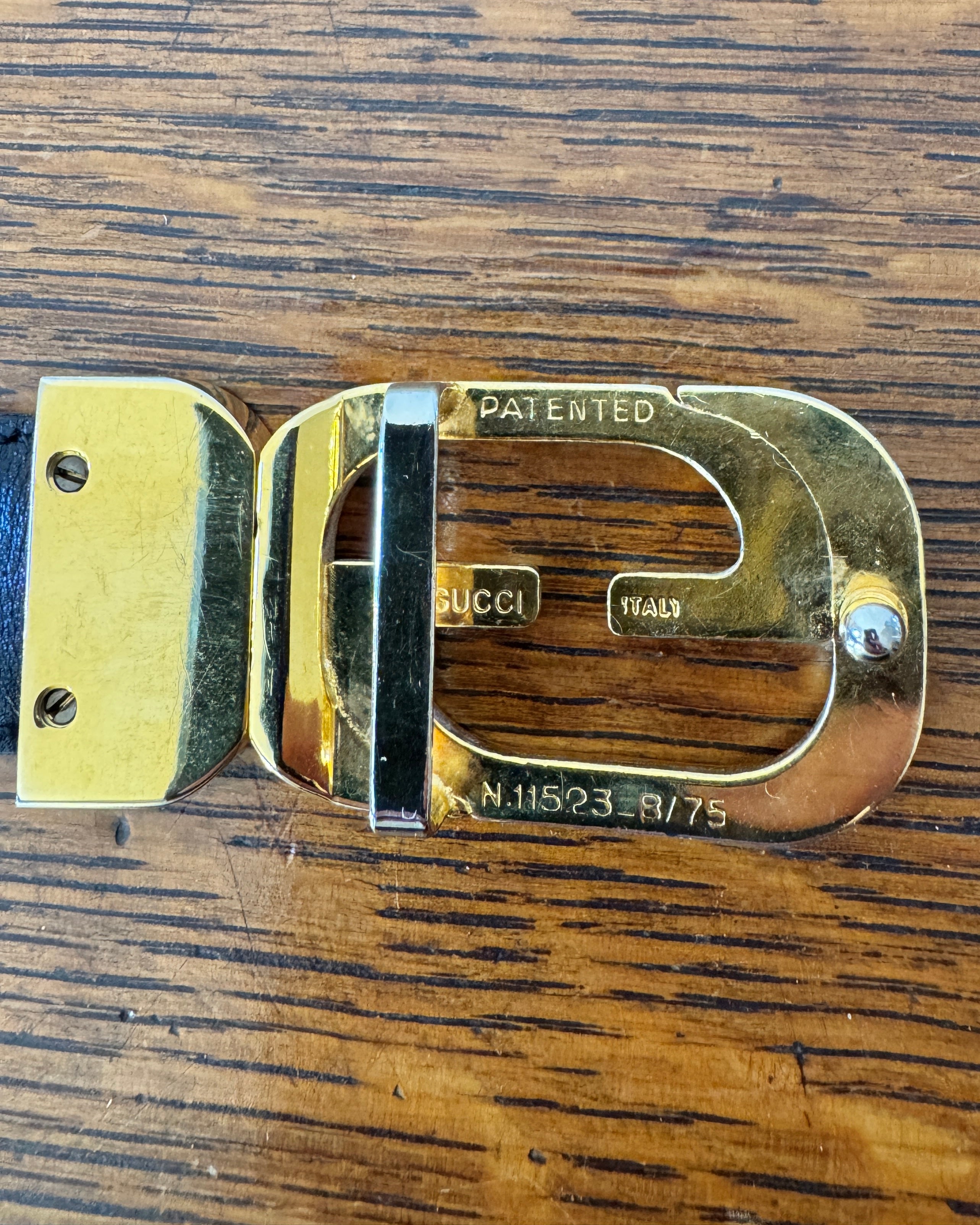 Vintage 1970s GUCCI Reversible Black Patent or Leather Belt With Loco Gold Tone Buckle Made in Italy