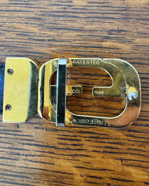 Vintage 1970s GUCCI Reversible Black Patent or Leather Belt With Loco Gold Tone Buckle Made in Italy
