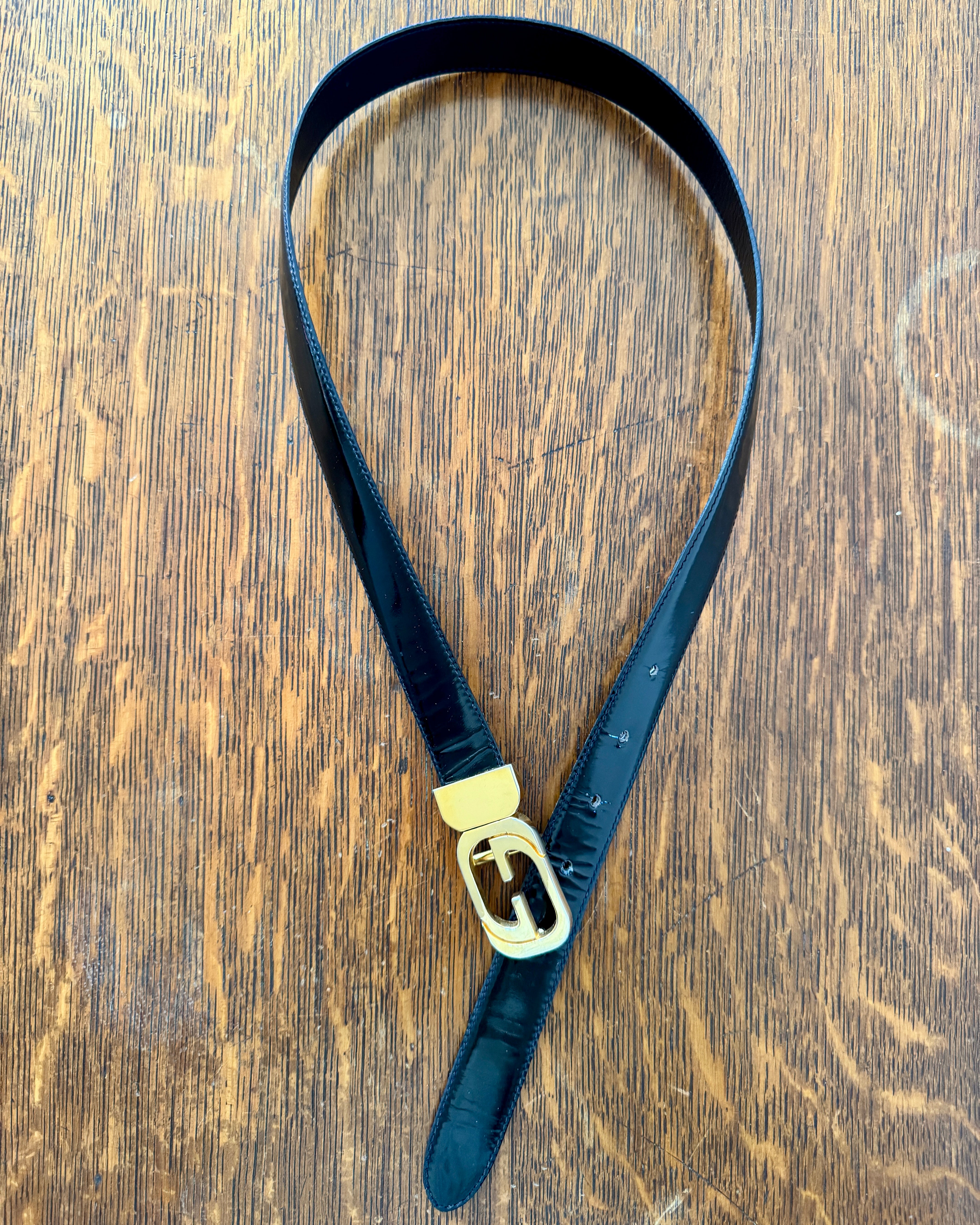 Vintage 1970s GUCCI Reversible Black Patent or Leather Belt With Loco Gold Tone Buckle Made in Italy