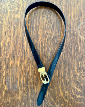 Vintage 1970s GUCCI Reversible Black Patent or Leather Belt With Loco Gold Tone Buckle Made in Italy