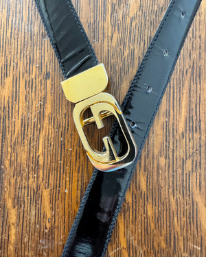 Vintage 1970s GUCCI Reversible Black Patent or Leather Belt With Loco Gold Tone Buckle Made in Italy