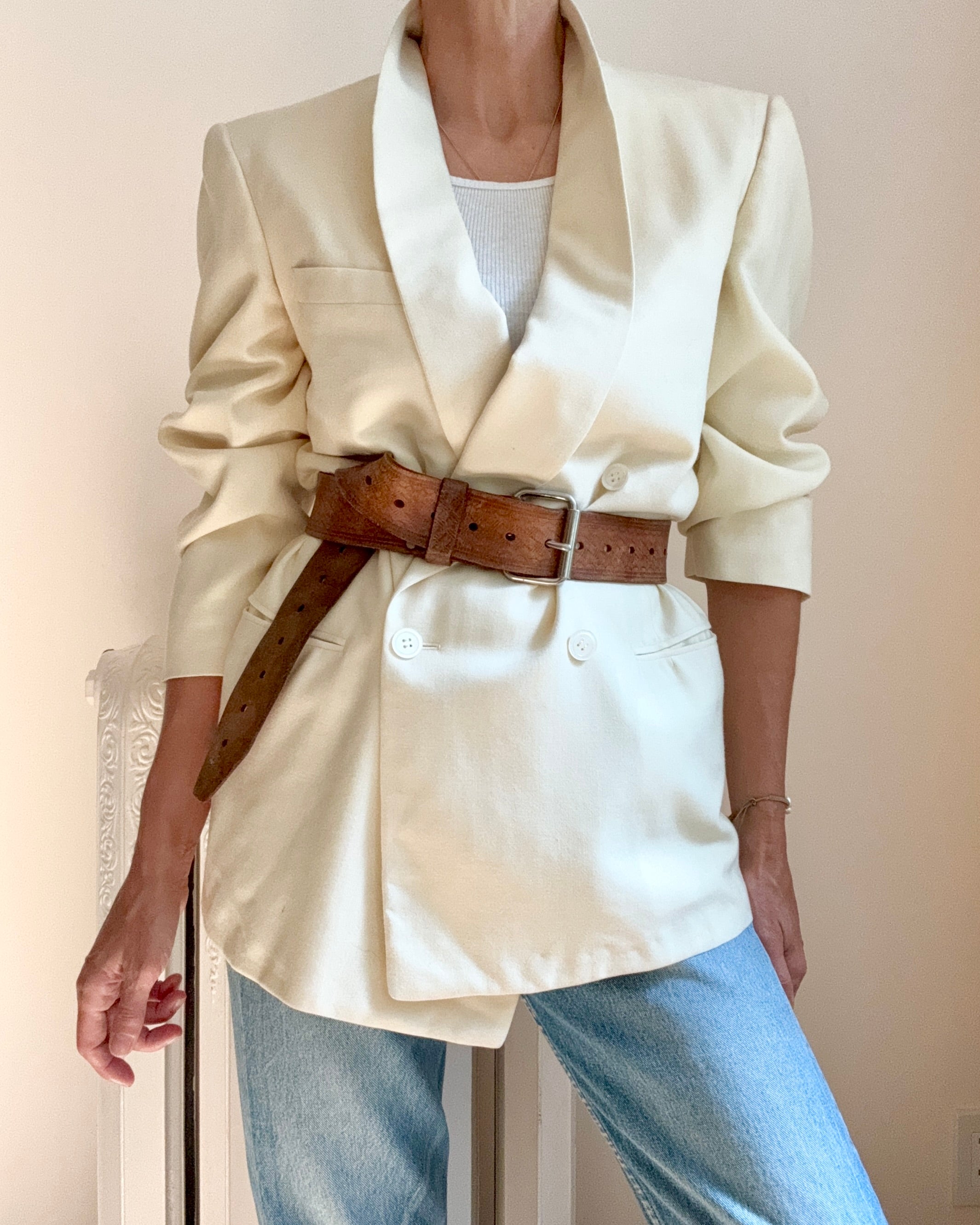 Vintage 1950s Tuxedo Cream Wool Double Breasted Shawl Collar Blazer M L