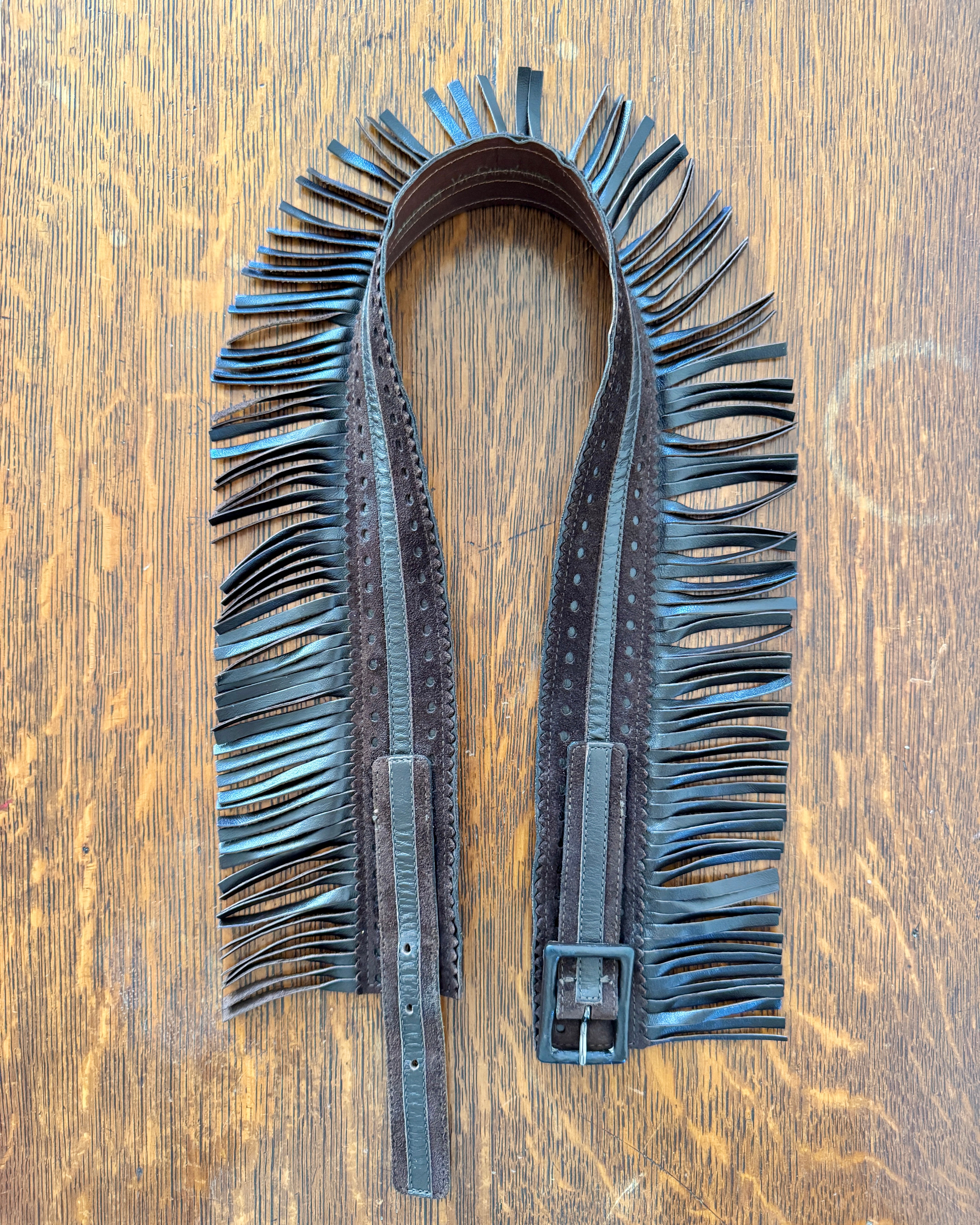 Vintage 1970s YSL Yves Saint Laurent Iconic Brown Leather and Suede Fringe Belt Made in France as The Metropolitan Costume Museum