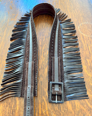 Vintage 1970s YSL Yves Saint Laurent Iconic Brown Leather and Suede Fringe Belt Made in France as The Metropolitan Costume Museum