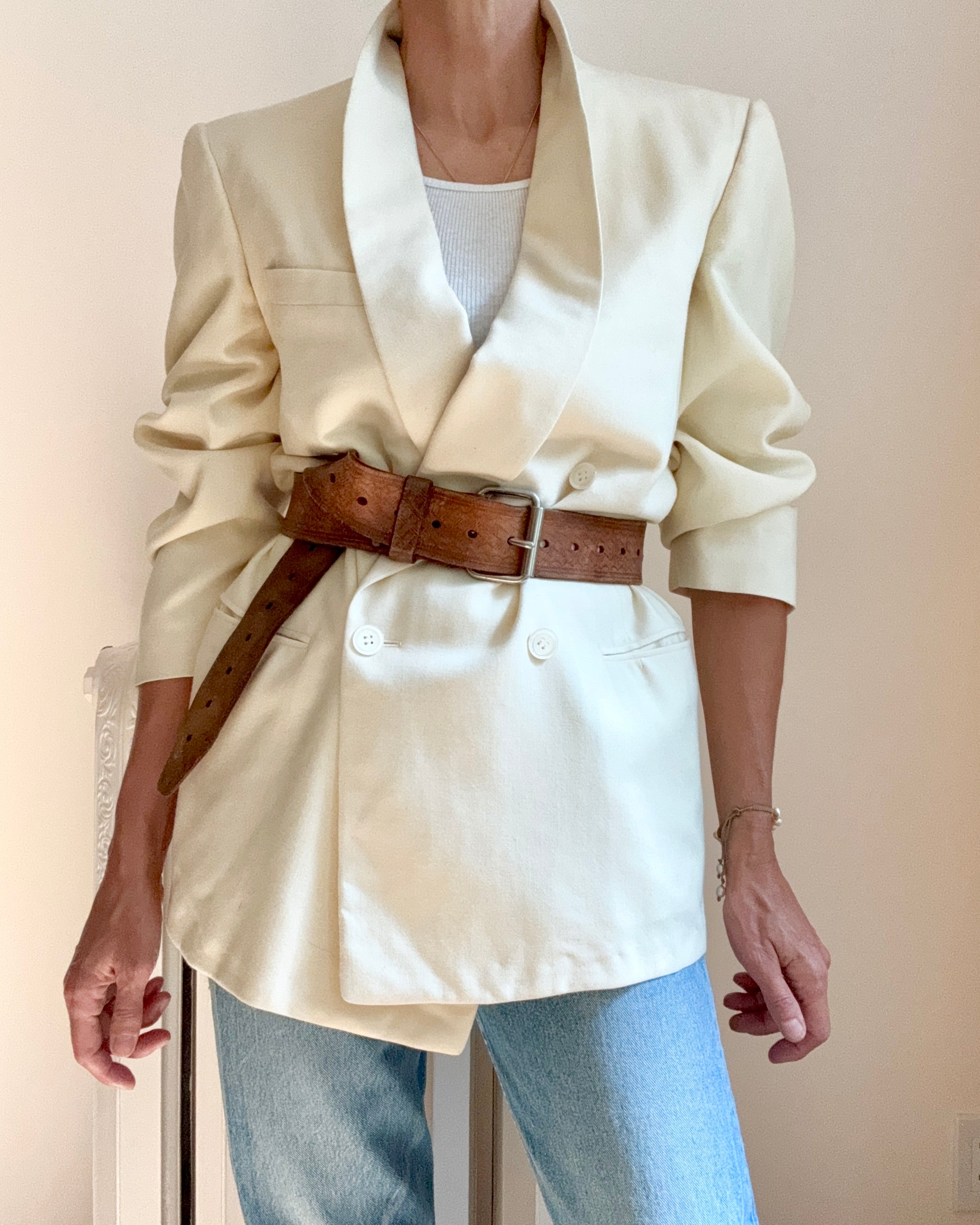 Vintage 1950s Tuxedo Cream Wool Double Breasted Shawl Collar Blazer M L