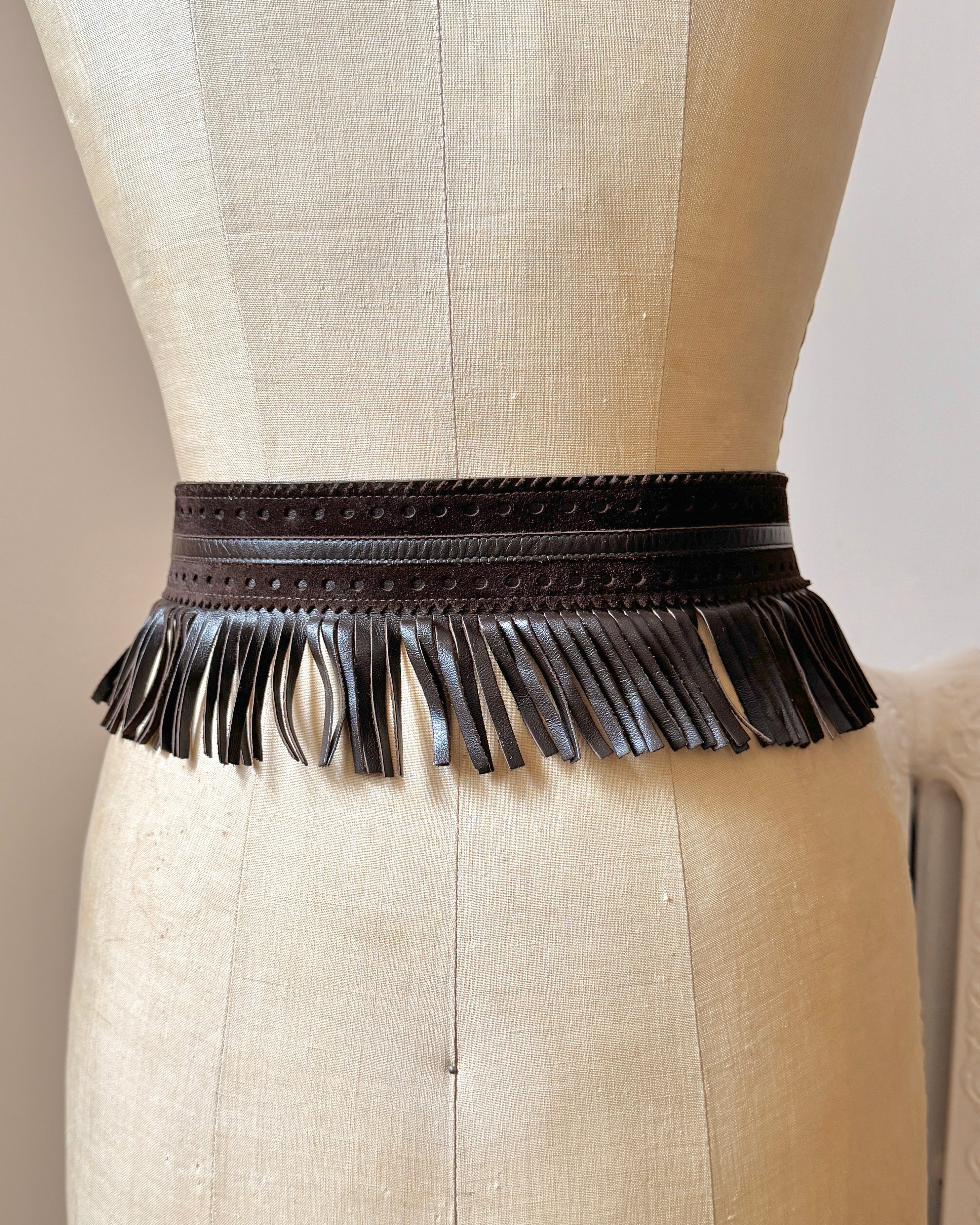 Vintage 1970s YSL Yves Saint Laurent Iconic Brown Leather and Suede Fringe Belt Made in France as The Metropolitan Costume Museum