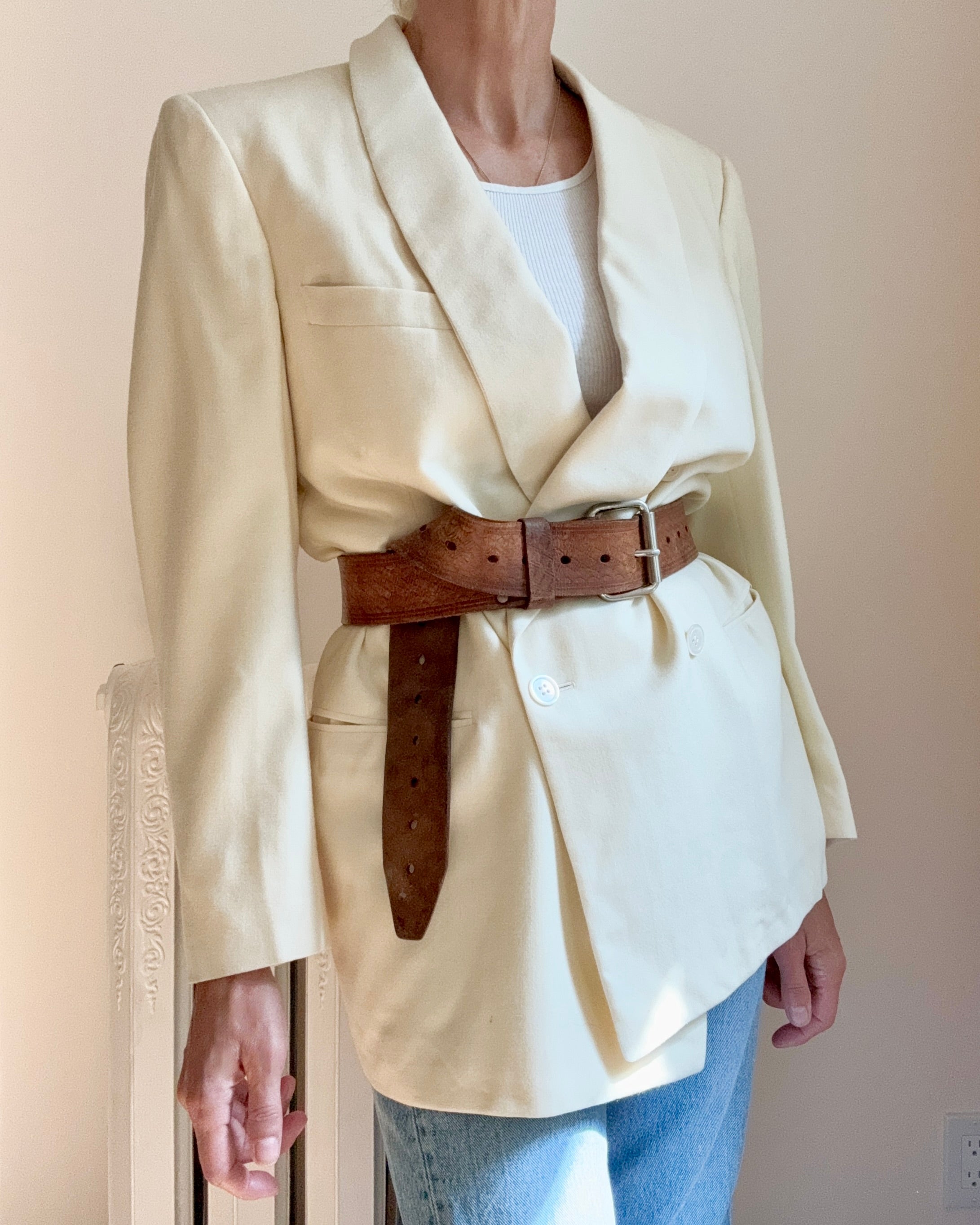Vintage 1950s Tuxedo Cream Wool Double Breasted Shawl Collar Blazer M L