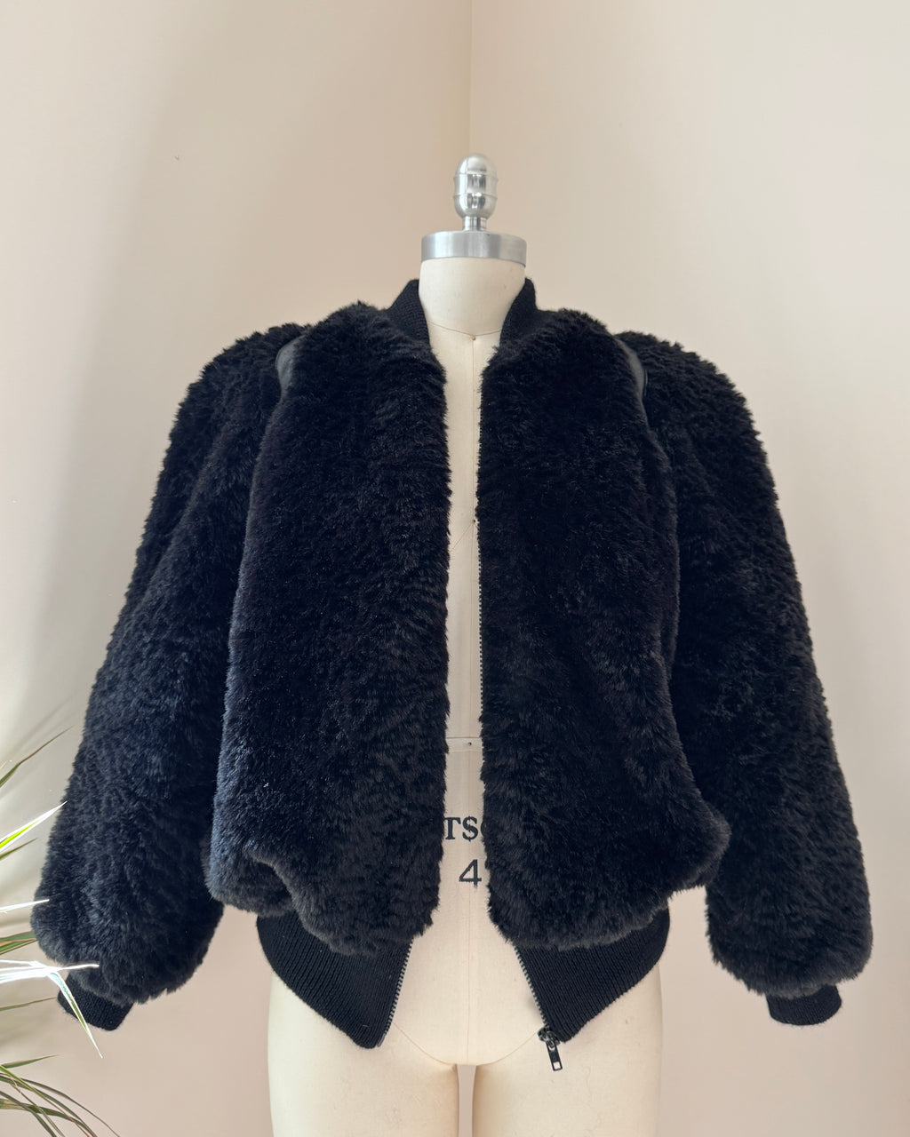 Vintage 1970s Black Faux Fur Chubby Bomber Zip Up Jacket with Leather Trim and Rib Size S Made in Italy