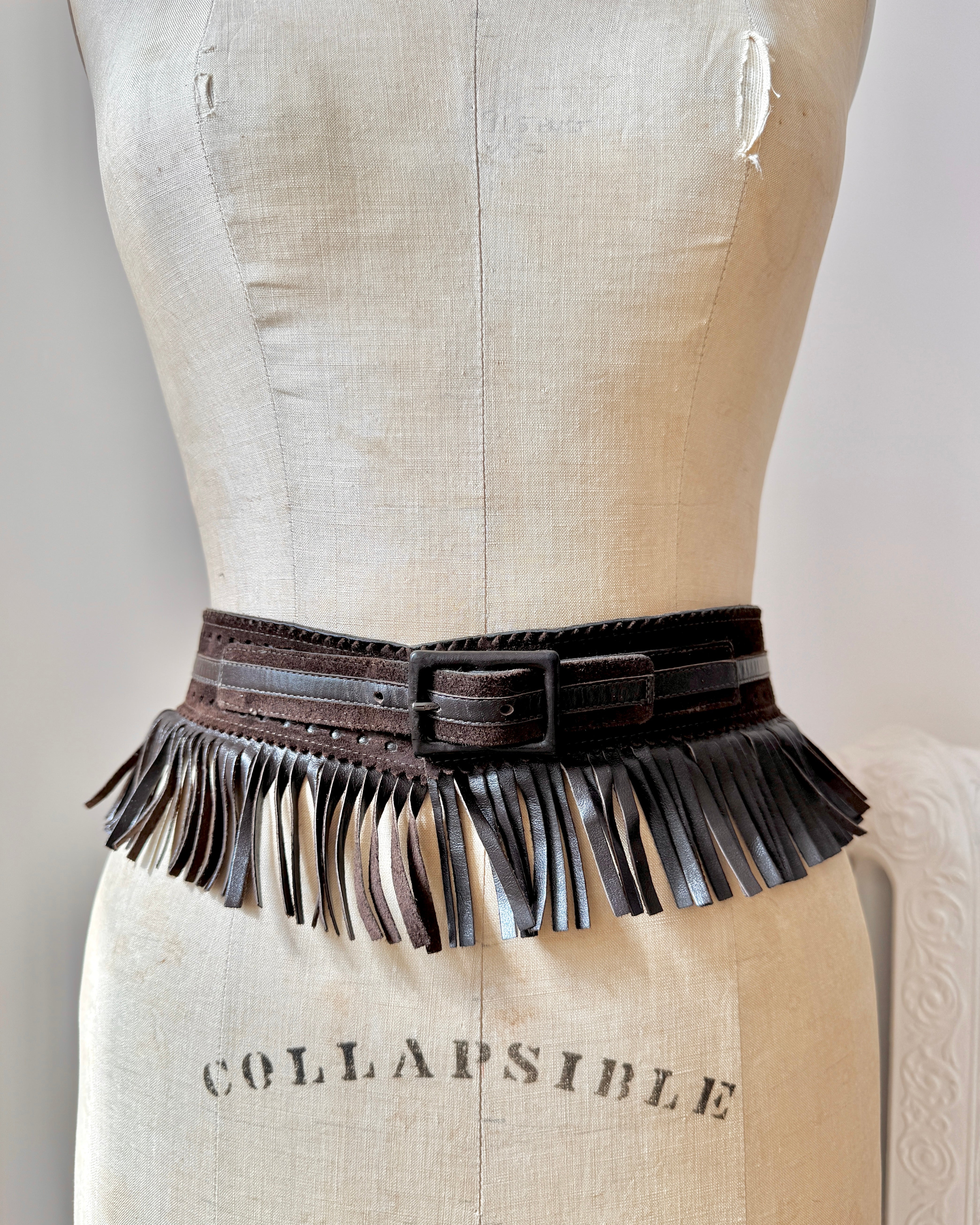 Vintage 1970s YSL Yves Saint Laurent Iconic Brown Leather and Suede Fringe Belt Made in France as The Metropolitan Costume Museum