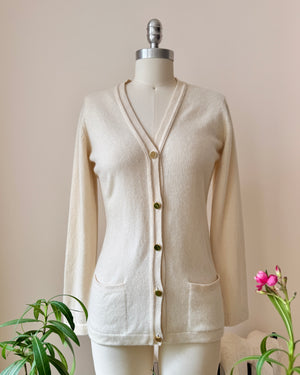 Vintage BALLANTYNE Cream 2ply Double ply 100% Cashmere Cardigan with Pockets and Gold tone Buttons Made in Scotland