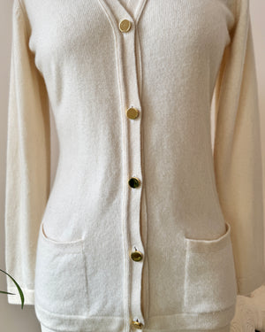 Vintage BALLANTYNE Cream 2ply Double ply 100% Cashmere Cardigan with Pockets and Gold tone Buttons Made in Scotland