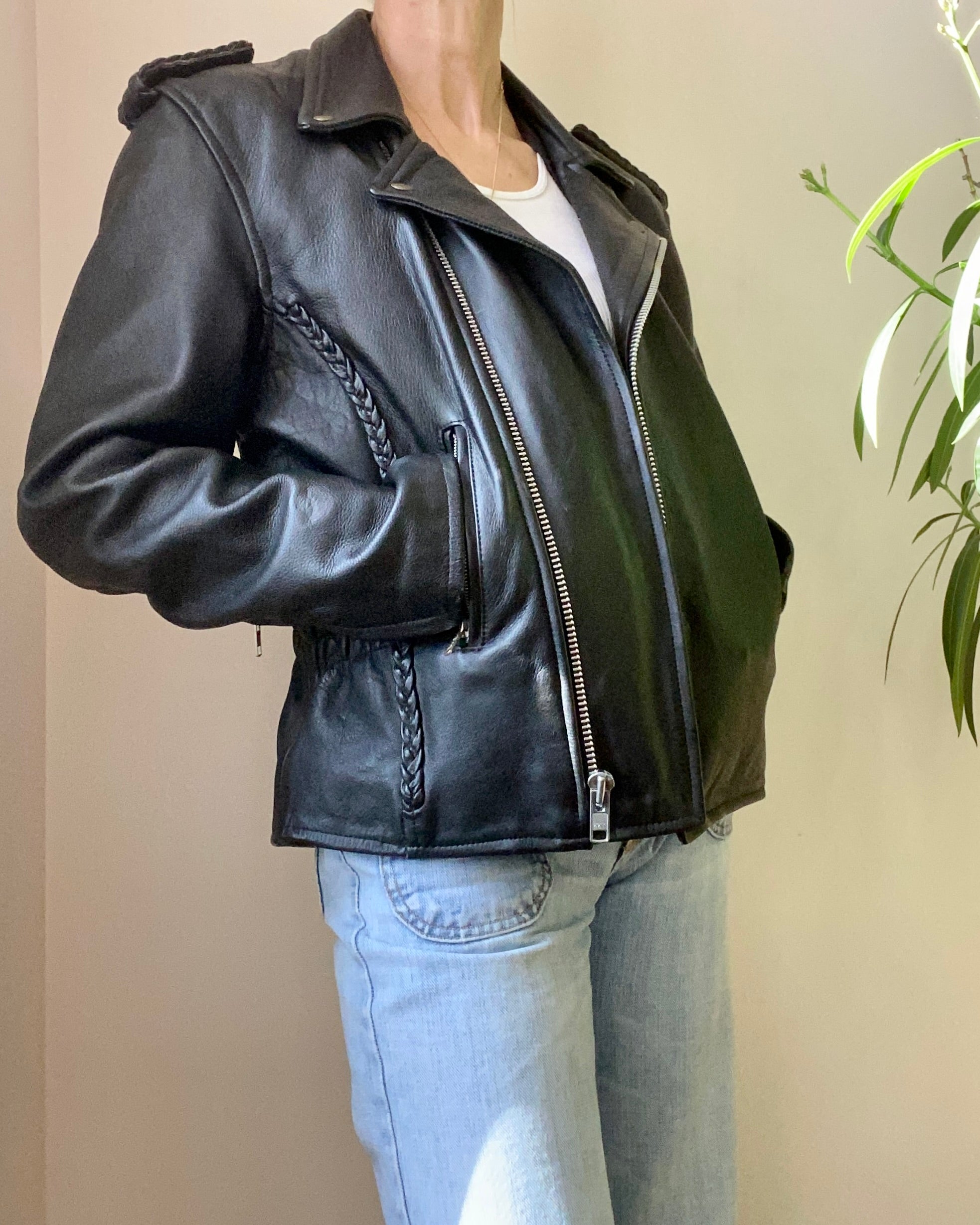 Vintage 1980s Black Asymmetric Biker Motorcycle Heavy Weight Genuine Leather Jacket M L